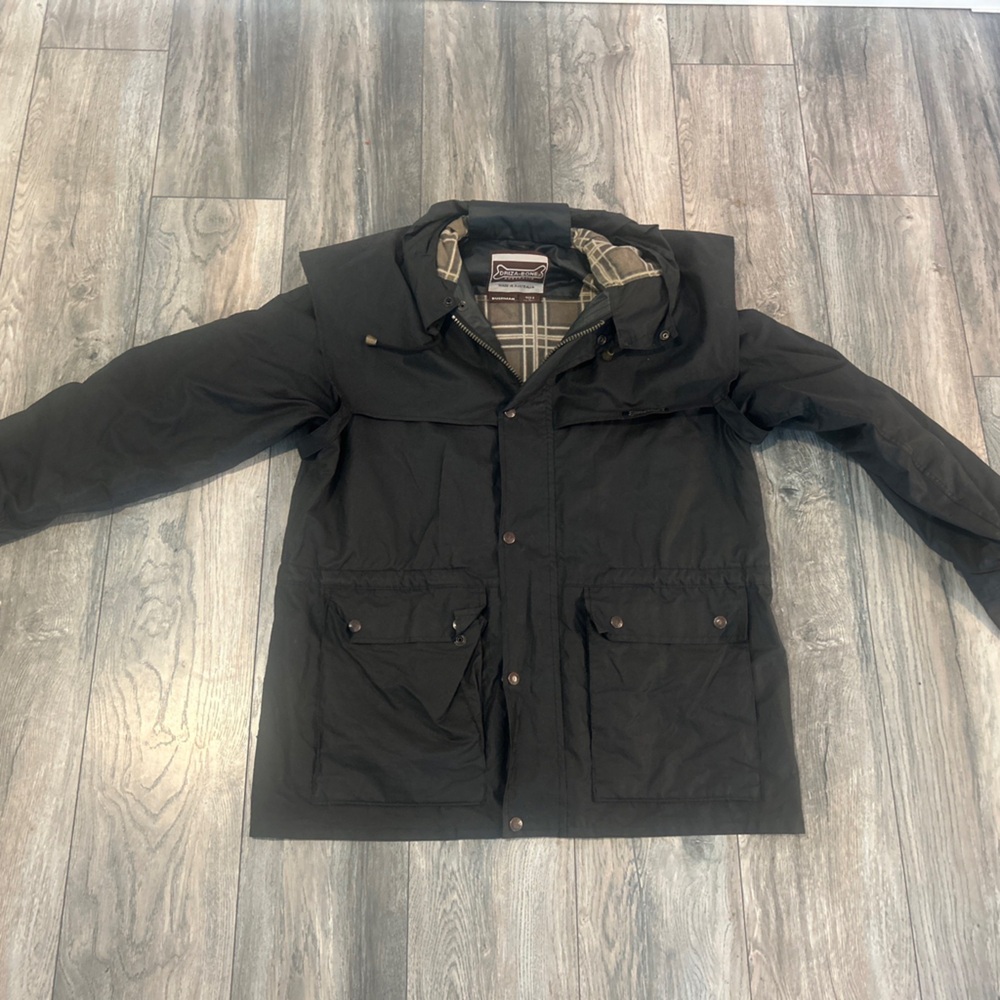 DRIZA-BONE Mens Heavyweight Oilskin Waxed Hooded Bushman Jacket Size 6/L